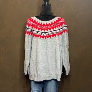 Tommy Hilfiger Fair Isle Nordic Knit Sweater Gray Red Wool Blend Size L